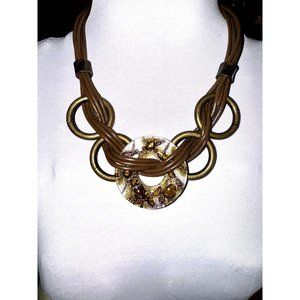 Hand Made Necklace Brown Cord Woven Strand Ring Abstract